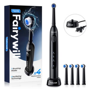 Fairywill Rotating Electric Toothbrush for Adults, Rechargeable Spin Ultrasonic Toothbrush with Plug-in Charging,4 Brush Heads, Black