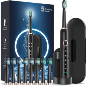 Sonic Electric Toothbrush for Adults, Rechargeable Electric Toothbrush with 8 Brush Heads for Kids Ages 12+ and Adults, Wireless Fast Charge, 5 Modes, 41,000 VPM Deep Clean, Black