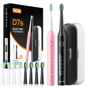 Fairywill Electric Toothbrush for Adults,Dual Pack with Travel Case 60 Day Battery Sonic Toothbrush,47,000 VPM 5 Modes IPX7 Waterproof 8 Brush Heads for Couples Family,Black & Pink
