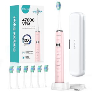COSLUS CX40 Electric Toothbrush for Adults and Teen,Wireless Rechargeable Tooth Brush,Youth with Portable Travel Case,5 Modes 47000 Vpm Power Toothbrushes 6 Brush Heads ,70Day Battery Life Pink